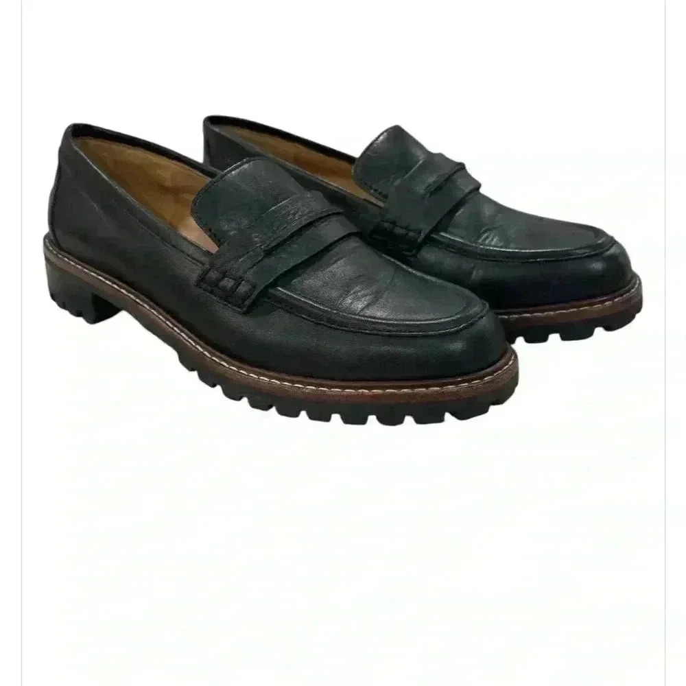 Women's Black Leather Lug-Sole Penny Loafers